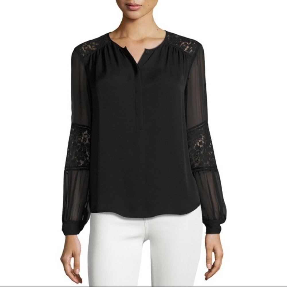REBECCA TAYLOR Sarah Silk Lace-Panel Top in Black - Size 6 NWT